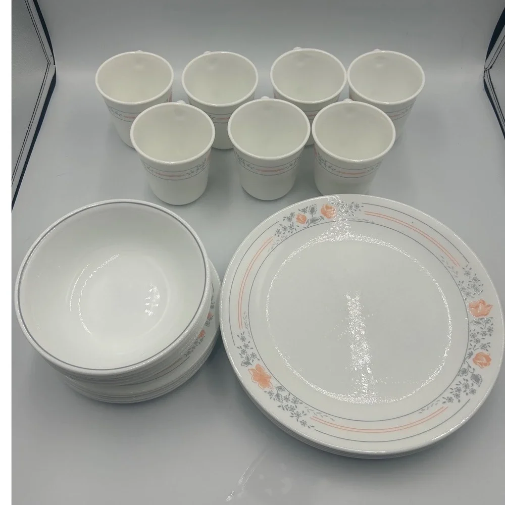 Corelle Apricot Grove Dinnerware Set 21pc Peach Floral Plates Bowls Mugs Vintage